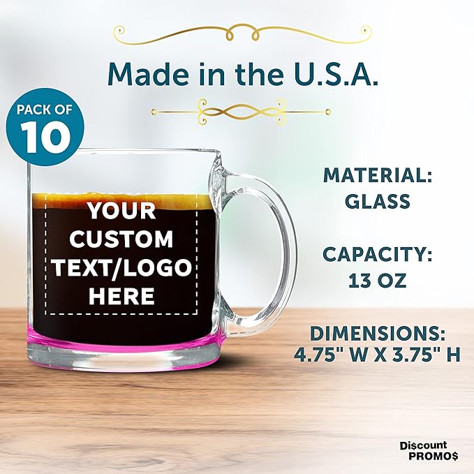 Custom Libbey Clear Glass Coffee Mugs 13 oz. Set of 10, Personalized Bulk Pack - Perfect for Coffee, Tea, Espresso, Hot Cocoa, Other Beverages - Pink Bottom