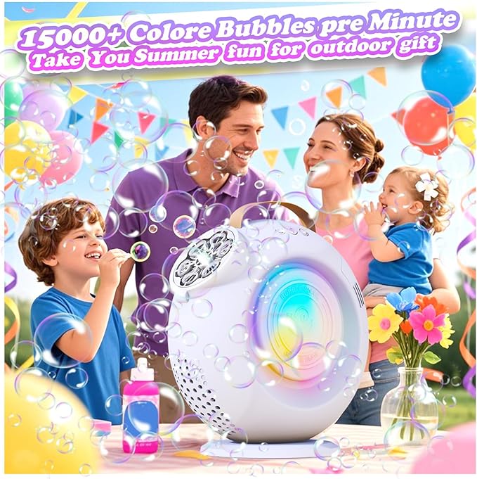 Bubble Machine, Automatic Bubble Maker Rechargeable, 15000+ Big Bubbles per Min, Colorful LED Lights, 90° 360° Rotatable Portable Electric Bubbles Toy for Kids Toddlers, Outdoor Wedding Party Gifts