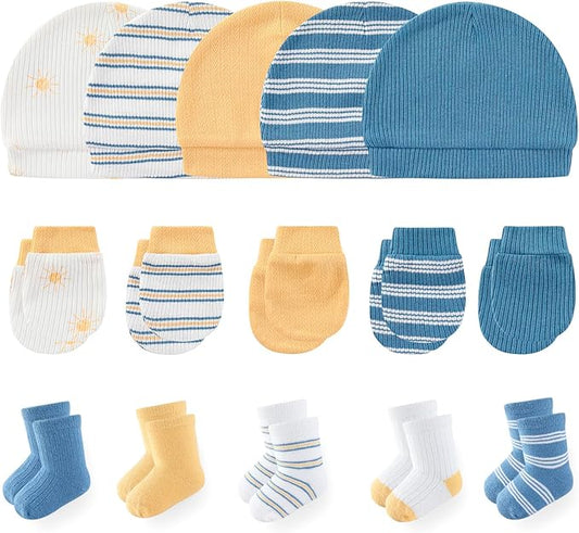 Newborn Baby Boy Girl Caps Mittens Socks Set Cotton Baby Essentials Accessories (Hats+Gloves+Socks)