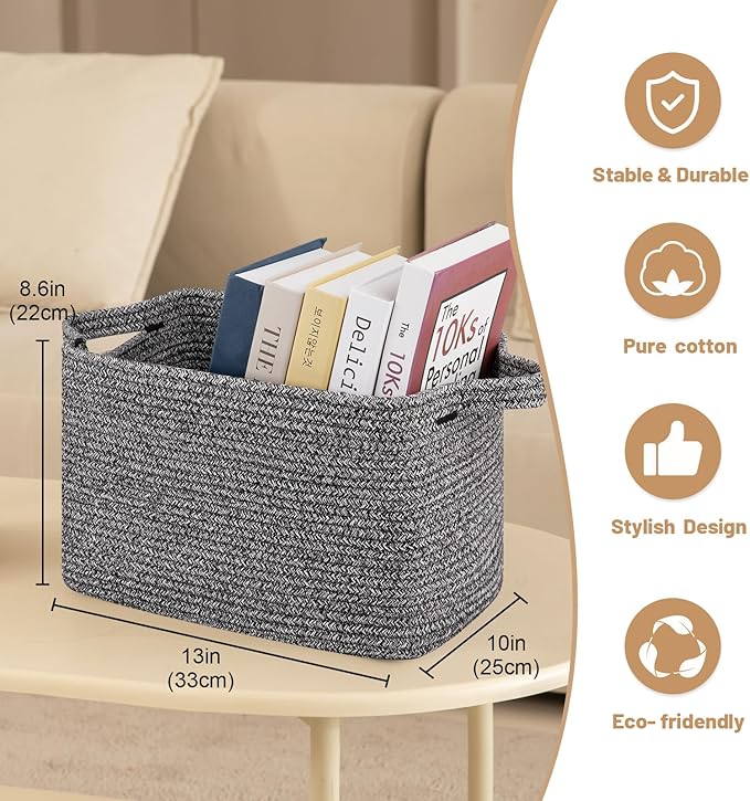 OIAHOMY Storage Basket, Woven Baskets for Storage, Cotton Rope Basket for toys,Towel Baskets for Bathroom - Pack of 3, Black