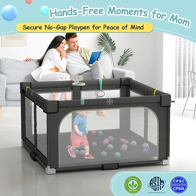 Foldable Playpen for Babies and Toddlers, 50" X 50" Large Collapsible Play Pen with Basket, 4 Handlers & 50 Ocean Balls, Portable Travel Play Yard with Carry Bag, No Installation, Grey