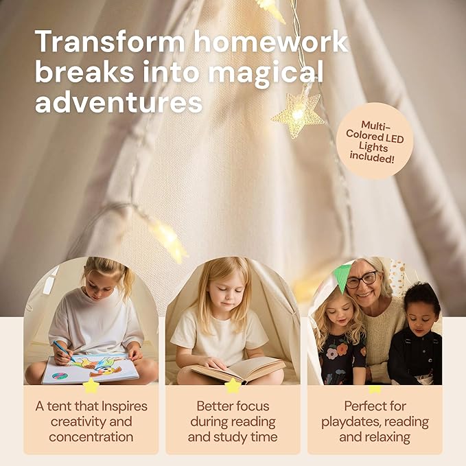 PlayVibe Kids Teepee Canopy - Baby & Toddler Play Shelter with LED Star Lights, Cozy Reading Nook, Party Canvas for Indoor Outdoor Fun - Tent for Kids - Play Tent