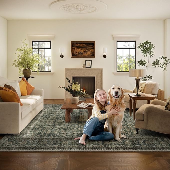 Washable Living Room Area Rug: 10x14 Rugs for Bedroom Vintage Stain Resistant Non Slip Low Pile Large Boho Carpet for Kitchen Dining Room Farmhouse Kids Room Nursery