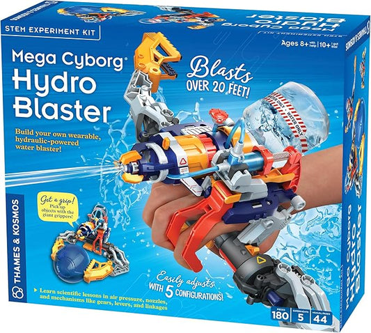 Thames & Kosmos Mega Cyborg Hydro Blaster STEM Experiment Kit, Toy of The Year Finalist - Build a Wearable Hydraulic-Powered Water Toy & Gripper, Shoots Water Up to 20 Feet, Transforms Into 5 Models