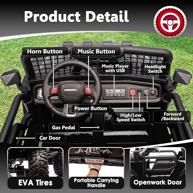 Sopbost 24V 7Ah 2 Seater Ride On Truck Ride On Toy for Big Kids Ride On Car with Remote Control Off-Road Electric Car with Shock Absorber, LED Lights, Bluetooth Music Player, EVA Tires, Black