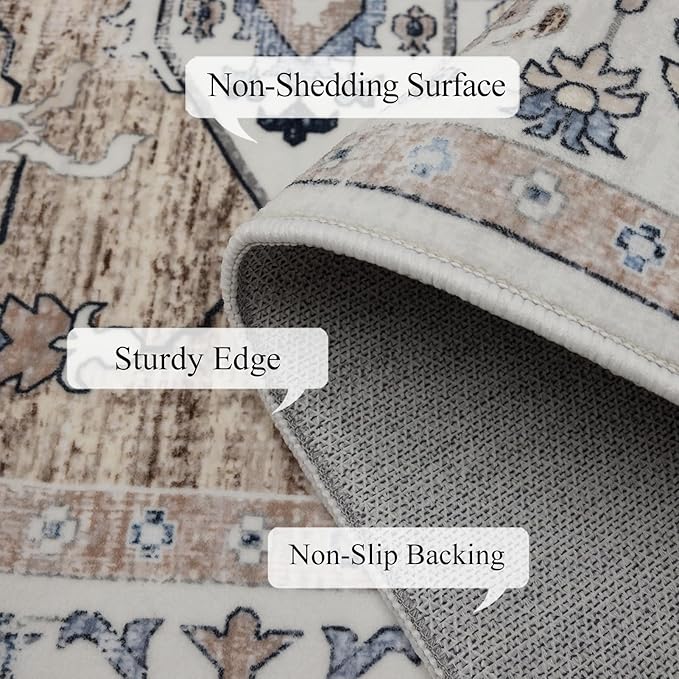 Washable Area Rugs 8x10, Large Rugs for Living Room, Carpet for Bedroom, Soft Faux Wool Retro Dining Room Rug, Non-Slip Backing Resistant Low Pile Vintage Print Rug for Home Office (Taupe/Blue)