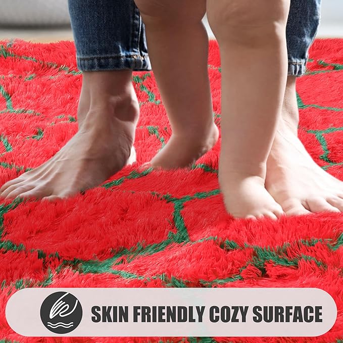 ONASAR 6x9 Area Rugs for Living Room, Large Fluffy Red and Dark Green Bedroom Rug, Geometric Boho Soft Shaggy Plush Floor Carpet for Kids Girls Teen Nursery Dorm Christmas Home Decor Aesthetic