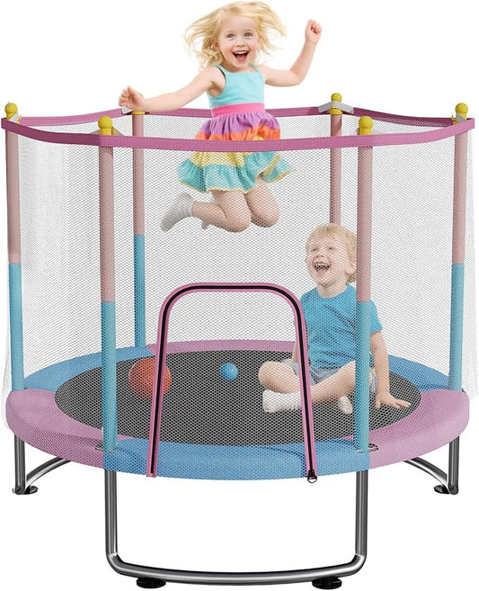 Kids Trampoline with Safety Net – 440lbs Capacity, Upgraded Rust-Proof Ring Legs, Adjustable Gymnastics Bar & Toys – Indoor Outdoor Toddler Trampoline for Boys & Girls Ages 1-8