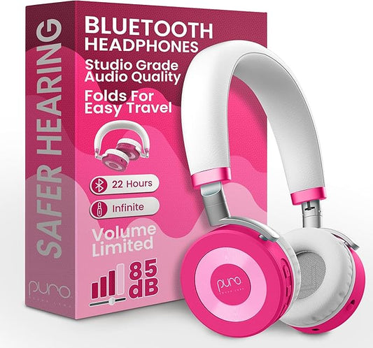 Puro Sound Labs JuniorJam Plus Volume-Limiting Wireless Bluetooth Headphones for Kids, Secure Audio with Adjustable On-Ear Design, 22-Hour Battery, Ideal for Tablets, Smartphones & PCs - Pink