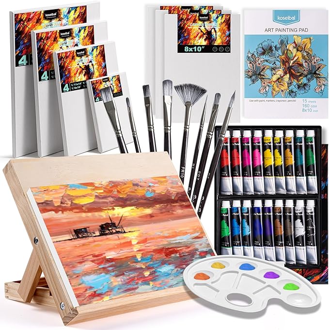 koseibal Acrylic Art Set with 18 Acrylic Paints, 8 Brushes, 4 Stretched Canvas, 1Wooden Easel, Etc, Premium Painting Supplies Kit for Students, Artists Kids, Adults, and Beginner.