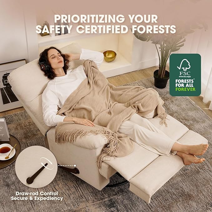 Large Glider Rocker Recliner,Beige Swivel Rocking Recliner Chair,Reclining Sofa Rocking Chair Nursery,23 Inches Deep Seat & 27 inches High Back,for Living Room, Bed Room‎ (Beige)