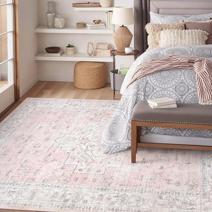LIVEBOX Pink 8x10 Area Rug for Bedroom Girls, Boho Washable Rugs for Living Room Nursery, Non-Slip Indoor Soft Carpet Low-Pile Farmhouse Carpets for Dining Room Kids Playroom, Pink