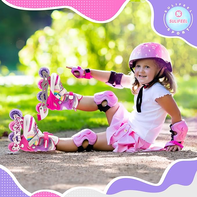 SULIFEEL Rainbow Unicorn Inline Skates for Girls Boys 4 Size Adjustable Light up Wheels Skates for Kids Beginner