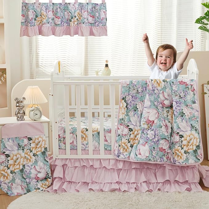 Brandream Crib Bedding Sets for Girls Garden Floral Nursery Set 3-Piece | Ruffled Baby Comforter, Crib Sheet and Tulle Lace Crib Bed Skirt, Green White