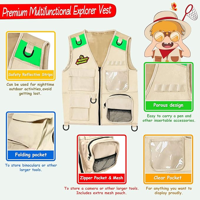 ESSENSON Outdoor Explorer Kit & Bug Catcher Kit with Vest, Outdoor Toy Gift for 3 4 5 6 7 8+ Year Old Boys Girls Kids Binoculars, Magnifying Glass, Butterfly Net, Camping, Adventure