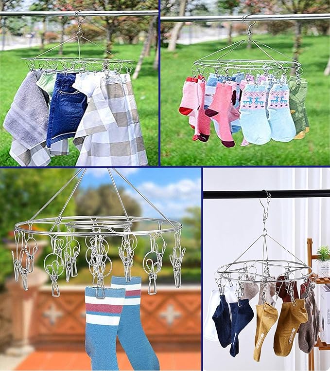 CenYouful Stainless Steel Round Hanging Drying Rack with 20 Clips for Drying Socks, Baby Clothes, Bras, Towel, Underwear, Hat, Scarf, Pants, Gloves