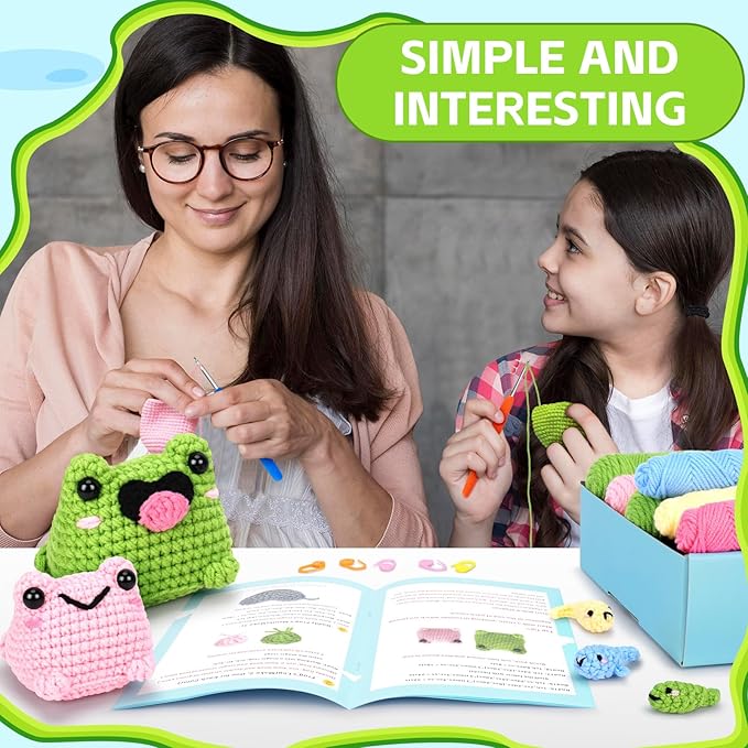 Crochet Kit for Beginners - Frog Family Crochet Kits with Step-by-Step Video Tutorials, Beginner Crochet Kit for Adults and Kids, 2 PCS Frogs and 3 PCS Tadpoles Crocheting Set