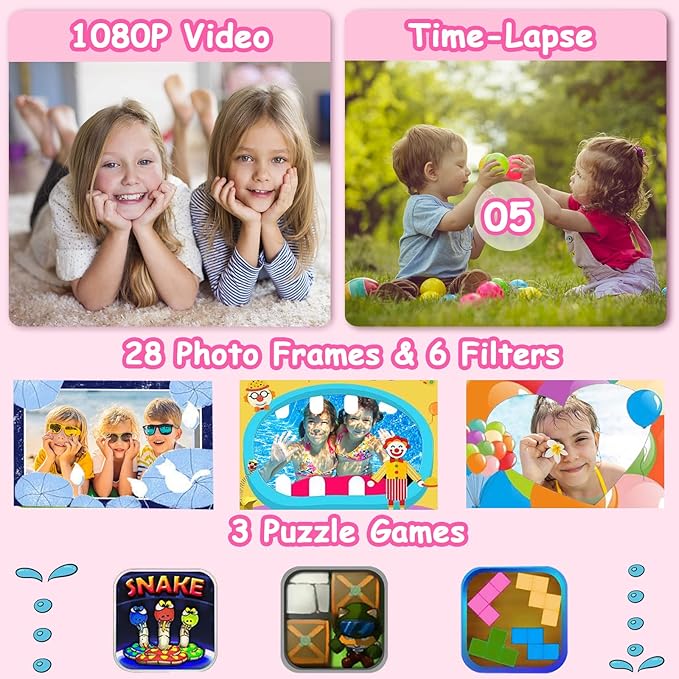 Agoigo Kids Waterproof Camera - Children Underwater HD Video Digital Camcorder, Portable Travel Toy for Toddler - Ideal Christmas Birthday Gifts for Boys Girls Age 3-12 with 32GB Card (Rose Red)