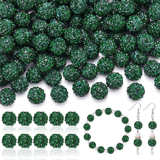 160pcs 10mm Rhinestone Beads for Jewelry Making, Dark Green Shiny Round Disco Ball Beads Bulk, Sparkle Crystal Clay Christmas for Bracelet Baseball Necklace Earring Crafting and DIY