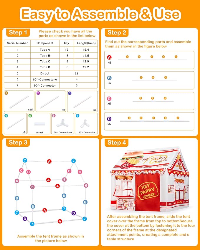 Kids Play Tent, Toddler Tent for Kid Indoor & Outdoor, 48.5"x39.4"x48.5" Playhouse Tent Burger Theme with Complete Toys Set, 3 Window, Lights and Balloons