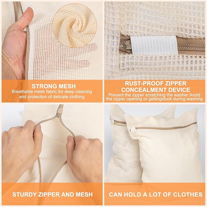 4-Piece Large Durable Organic Cotton Mesh Laundry Bags with Sturdy Zippers and Breathable Mesh are Delicate Laundry Bags for Underwear, Clothes, Pants and Socks