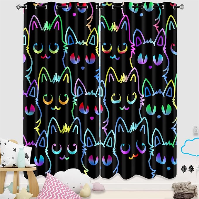 Cat Blackout Curtains for Girls - 2Pcs Cute Cartoon Cat Patterns Curtain Panels for Girls Bedroom Lovely Cats Drapes Darkening Window Curtain for Living Room Bedroom, 82" x 84"