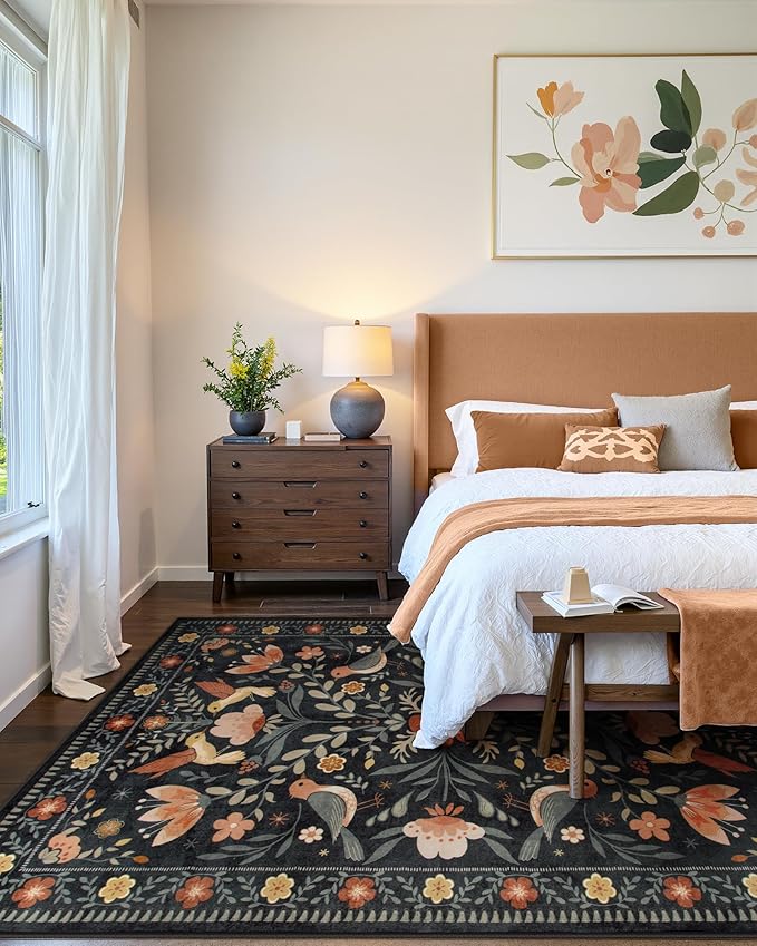 Moynesa Boho Bird Area Rug 9x12 for Living Room, Washable Rugs 9x12 Black Floral Bedroom Rug Low-Pile Soft Playroom Carpet, Jungle Pattern Vintage Rug Indoor Floor Carpet for Nursery