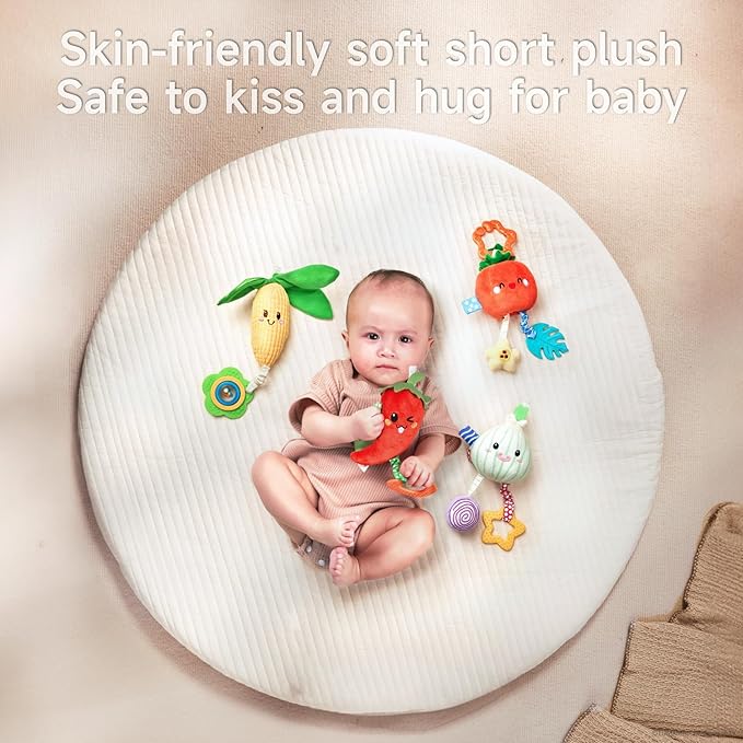TUMAMA Hanging Baby Toys, 4 Pack Vegetable Crib Stroller Baby Gym Mobile Plush Toys, Early Baby Cognitive Sensory Hanging Rattle Toys with Teether. Suitable for Babies 0, 3, 6, 9, 12 Months