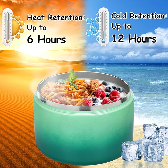 12oz Insulated Vacuum Food Jar with Buckle Lid Wide Mouth Soup Thermo for Hot Food Kids Leakproof Stainless Steel Lunch Container (Gradient Green, 12OZ)