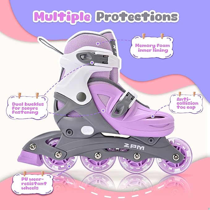 2PM SPORTS Inline Skates with Light Up Wheels, Roller Skates Blades for Boys Girls Kids Ages 5-8 8-12 4-6 6-12, Size Adjustable Beginner Blades Roller Skates