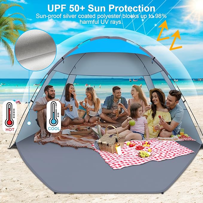 Gorich Beach Tent Sun Shelter for 3/4-5/6-7/8-10 Person with UPF 50＋ UV Protection, Lightweight & Easy Setup Beach Shade Canopy, Portable Beach Shade Tent Beach Cabana