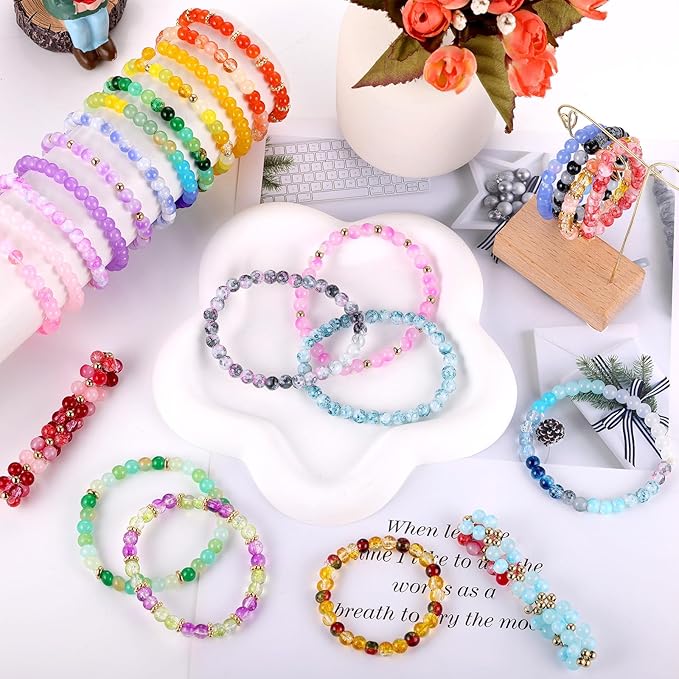 6mm Glass Beads for Bracelets, 2700pcs 70 Colors Crackle Glass Beads for Jewelry Making, Funtopia Round Crystal Beads for DIY Necklace Crafts with Spacer Beads, Solid and Floral Colors