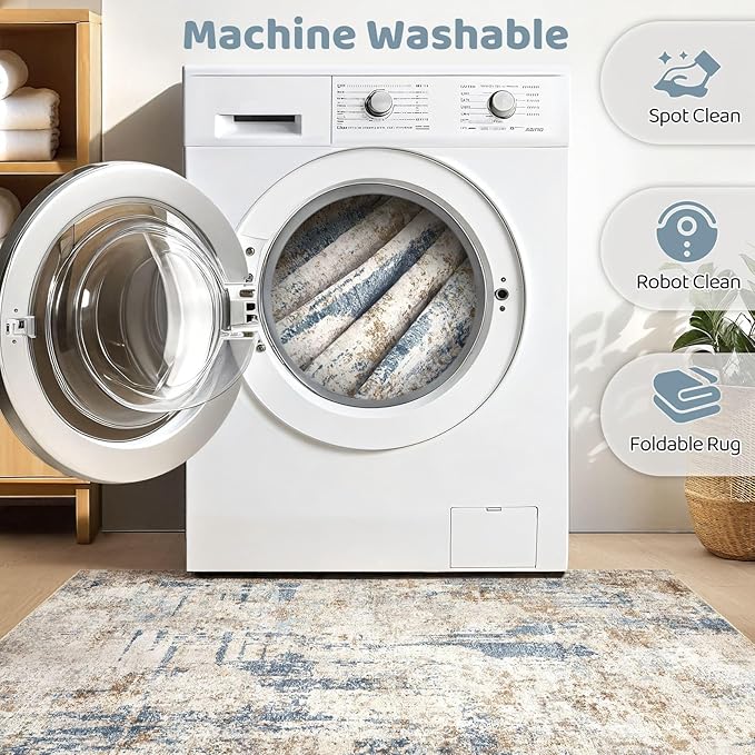 Round Rug Living Room Rugs: 10Ft Washable Circle Large Abstract Modern Soft Stain Resistant Non Slip Indoor Floor Carpet for Bedroom Nursery Office Dining Room Dorm Home House Decor- Tan Blue