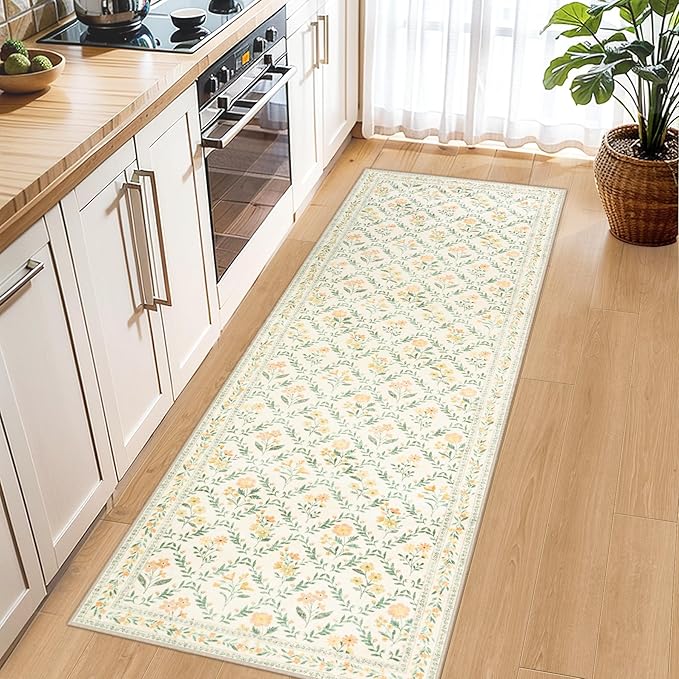 Runner Rug for Entryway: 2x6 Kitchen Rugs Non Slip Washable Ultra-Thin Soft Floral Carpet Indoor Floor Stain Resistant Carpets for Hallway Bedroom Kitchen Laundry Bathroom Dorm Beige/Multi