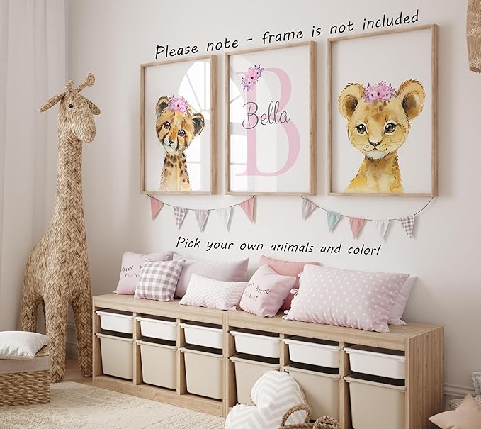 Personalized Safari Animals for Baby Girls Nursery, Set of 3 Unframed Poster Prints, Personalized Name Pink Lilac Floral, Girls Bedroom Decor, Elephant Giraffe (12x16)