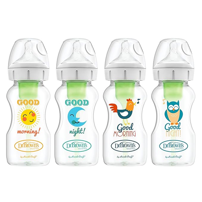 Dr. Brown's Natural Flow Anti-Colic Options+ Wide-Neck Baby Bottles, 9 oz/270 mL, with Level 1 Slow Flow Nipple, 4 Pack Good Morning/Good Night Gift Set