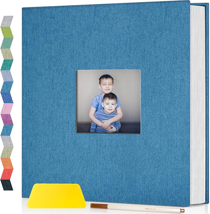 popotop Photo Album Self Adhesive with Picture Display Window,40 Pages DIY Scrapbooking Supplies Kit for 4x6 8x10 Picture,Linen Cover Memory Book for Baby Wedding, with Scraper and Metallic Pen