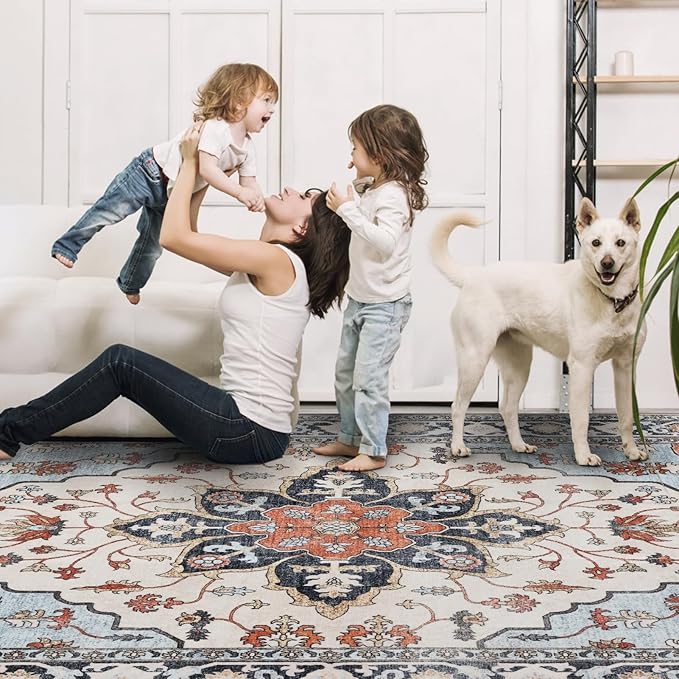 Washable Rugs 5x7 Area Rugs for Living Room, Thin Carpet for Bedroom, Soft Faux Wool Retro Dining Room Rug，Non Slip&Non-Shedding Resistant Low Pile Vintage Print Rug for Home Office (Blue/Gray)