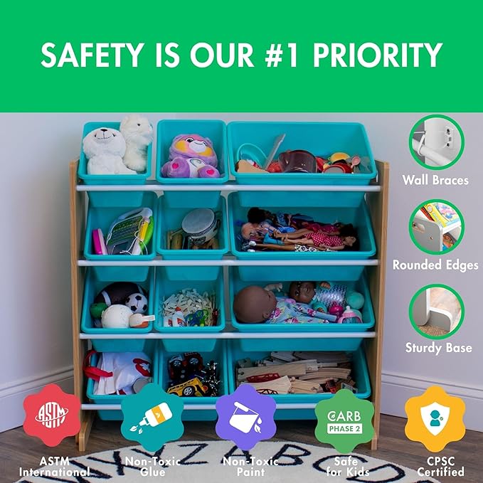 Humble Crew Kids Toy Storage Organizer with 12 Plastic Bins, Natural Wood/Aqua – Removable Bins for Playroom, Bedroom, Toddler Furniture for Boys and Girls Ages