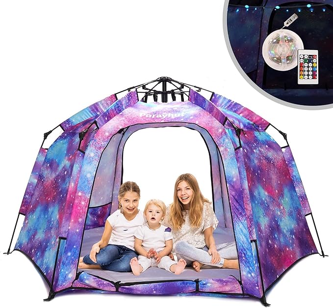 Portable Hexagon Kids Play Tent with LED Strip Lights Indoor Children Play House Easy Set-up Space Large Dream Tent for Night 4-5 Person & Birthday Gifts