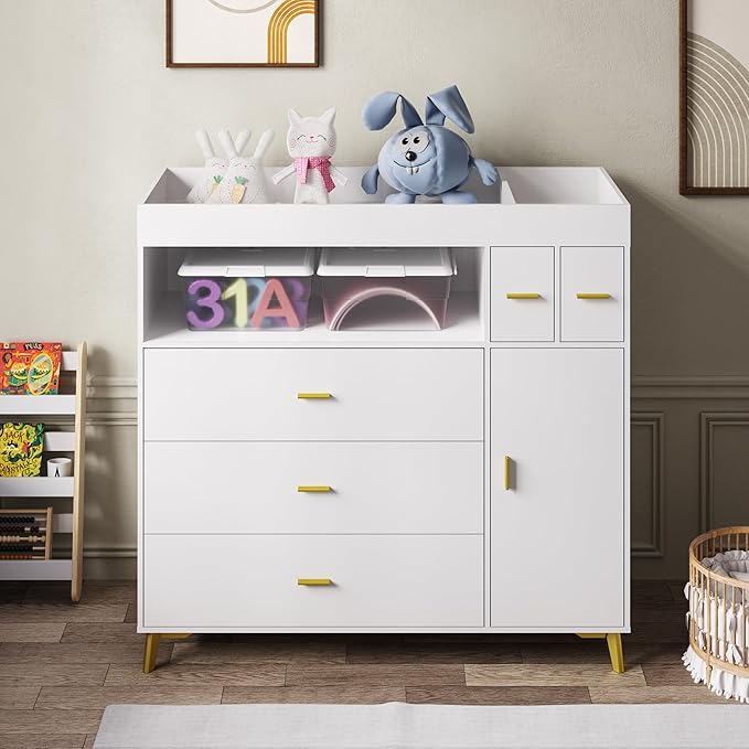 PakaLife Changing Table with Drawers, White Drawer Dresser,Changing Table Dresser with 5 Drawer & Cabinet…