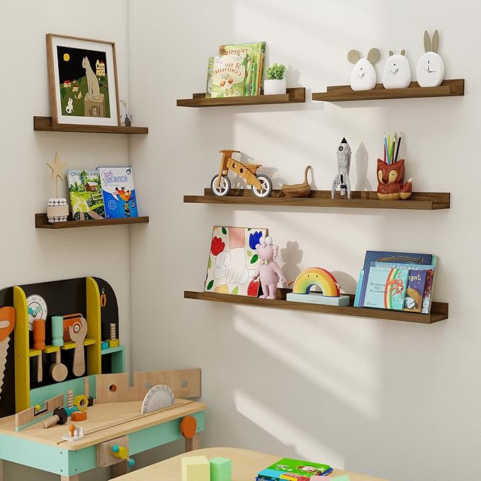 Axeman Picture Ledge Shelf, Floating Shelves for Wall Decor Storage Set of 6, 48 inch Floating Wall Mounted Shelves, Wall Shelves with Lip for Living Room, Bedroom, Nursery, Bathroom, Kitchen, Walnut