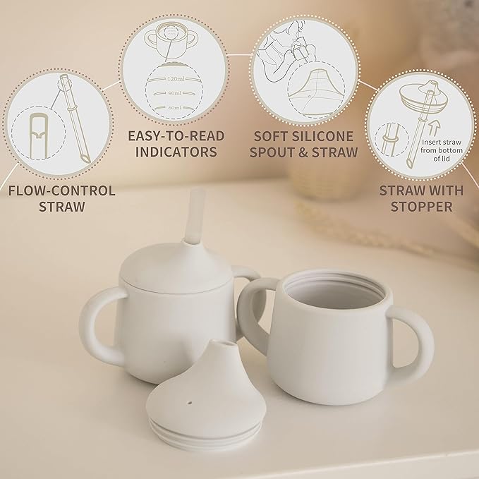 Moonkie Silicone Baby Sippy Cups | 3 Stages Training Cup Straw Cup for Infants Toddlers and Kid | 4 oz 2Pack