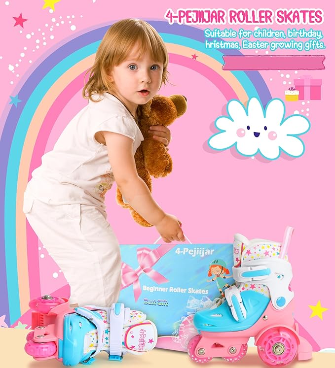 Adjustable Roller Skates for Kids Girls Ladies with Light Up Flash LED Wheels(Age 3-9),Three-Point Type Balance,Gift Box Packing for Toddlers,Children