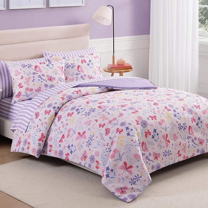 Queen Comforter Set with Sheets for Girls-7 Pieces Queen Bedding Sets with Pink Comforter, Sheets, Pillowcases & Shams for Kids (Cute Botanical Flowers, 90" X 90")