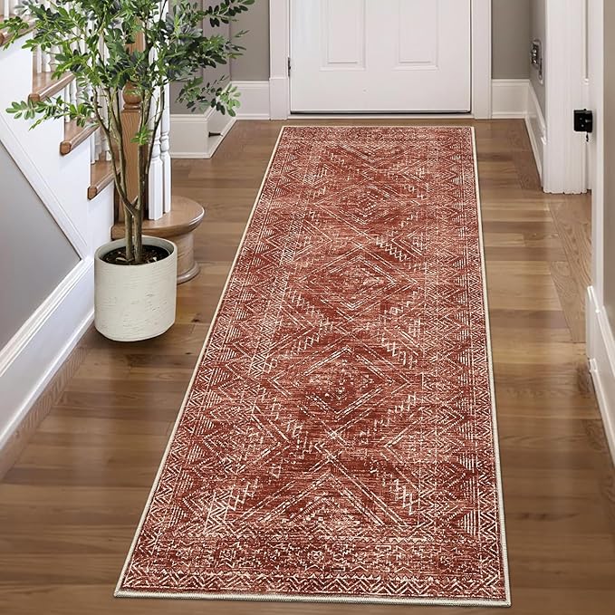 COZYLOOM 2x6 Rug Modern Indoor Area Rug Machine-Washable for Living Room or Hallway Softness Foldable Mat for Easy Storage Geometric Design Non Slip Rug Low Pile Stain Resistant Carpet, Brick Red
