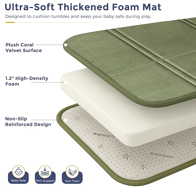 MAXYOYO 1.2" Thick Baby Play Mat for Floor, 36"x60" Foldable Playpen Mat, Tummy Time Foam Mats Ultra Soft Support, Padded Carpet with Non-Slip Backing for Infant,Kids and Toddler Crawling, Green