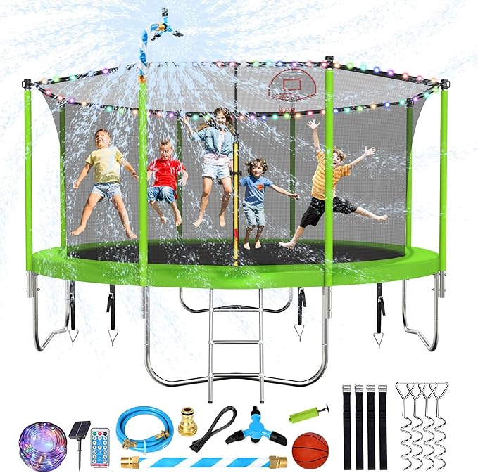 Upgraded 10/12/14/15/16FT Trampoline Outdoor, Large Kids Trampoline with Light, Stakes, Sprinkler, Backyard Trampoline with Basketball Hoop and Net, Capacity for 4-6 Kids and Adults