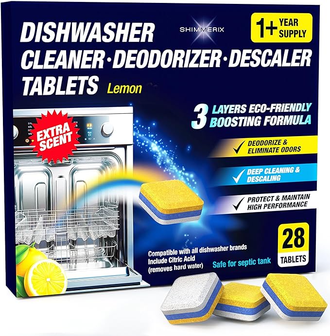 Dishwasher Cleaner Deodorizer Descaler Tablets - 28 Tabs - 1 Plus Year Supply - Extra Scented Deep Cleaning Sanitizer Pods - Remove Hard Water - Contain Citric Acid Heavy Duty Septic Safe - Lemon