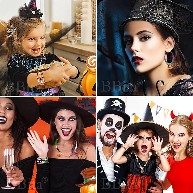 2088pcs Halloween Polymer Clay Beads Bracelet Making kit, 24 Style Cute Fun Beads Skull Pumpkin Beads Charms for Jewelry Necklace Earring Making DIY Accessories for Women Girls